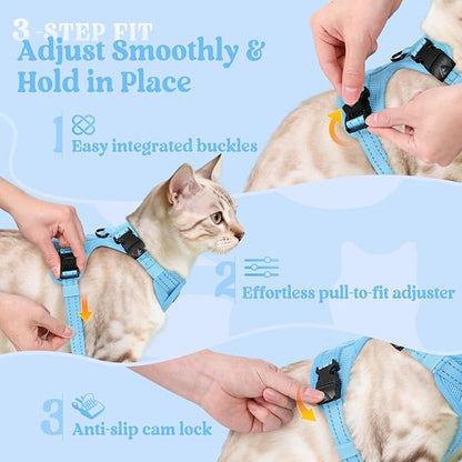 rabbitgoo Cat Harness and Leash, Escape Proof Vest with 3 Adjustable Buckles, Soft Comfortable Kitten Harness, Easy to Wear, Reflective for Safe Outdoor Walking, Medium, Sky Blue