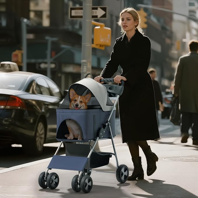 3-in-1 Visible Foldable Pet Carrier, Detachable Car Seat and Stroller with Push Button Entry for Small Pets, Cat Dog Carrier for Medium Dogs Cats Load Up to 33 lbs, Navy Blue
