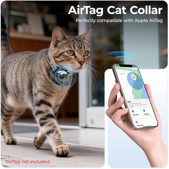 Breakaway AirTag Cat Collar, Reflective Cat Tracker Collar with Air Tag Holder and Bell, Safety Elastic Band Cat GPS Collars for Girl Boy Cats, Kittens and Puppies (Khaki, 8-13'')