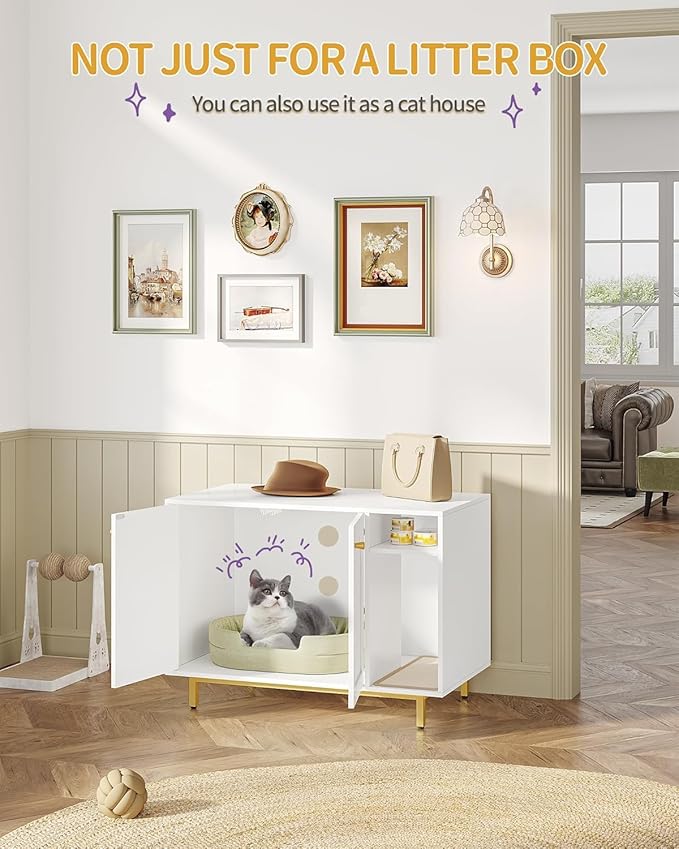 Hzuaneri Cat Litter Box Enclosure Enclosed, Hidden Litter Box Cabinet Furniture with Storage, Wooden Indoor Cat House Large, Modern End Table for Living Room Entryway, White and Gold CB84903A