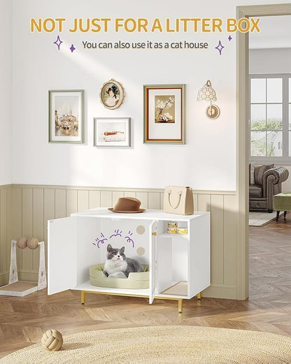 Hzuaneri Cat Litter Box Enclosure Enclosed, Hidden Litter Box Cabinet Furniture with Storage, Wooden Indoor Cat House Large, Modern End Table for Living Room Entryway, White and Gold CB84903A