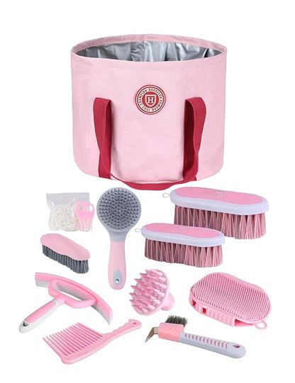 Harrison Howard Horse Grooming Kit 9 Piece with Tote, Non-Slip Silicone Grip Brush Set for Horses, Shedding Bathing Daily Care, Beginner Friendly Pink