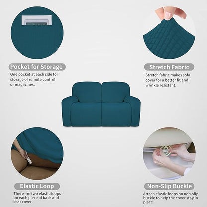 Easy-Going 100% Dual Waterproof Recliner Loveseat Cover, 6-Pieces Stretch Relining Sofa Cover with Pocket, Jacquard 2 Seat Sofa Slipcover Leakproof Washable (Loveseat, Peacock Blue)