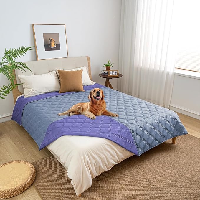 fuguitex Waterproof Dog Blanket Reversible for Small Dogs Resistant Leakproof Washable Couch Cushion Bed Protector Cover for Indoor Furniture Pet Friendly(52"*82",Violet Blue+ Light Blue)