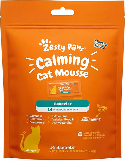 Zesty Paws Calming Mousse for Cats - Composure & Relaxation for Stress & Separation - Cat Calming Supplement with Ashwagandha, L-Theanine, Valerian Root & Vitamin B1-14 Count