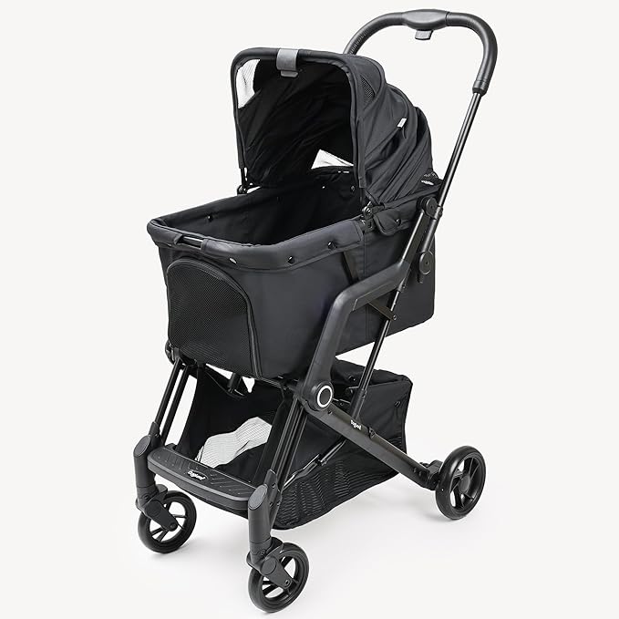 Upgraded Small/Medium Pet Stroller - Dogs & Cats up to 66 lbs, Folds for Storage and Features a Safety Foot Brake, 3-in-1 Foldable Portable Travel Carrier for 2 Small to Medium Pets (Black)