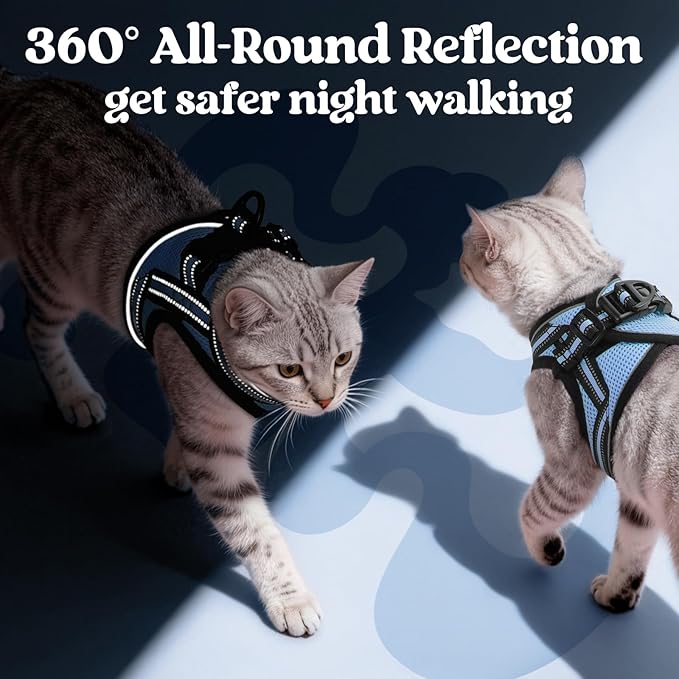 rabbitgoo Cat Harness and Leash Set for Walking Escape Proof, Adjustable Soft Kittens Vest with Reflective Strip for Cats, Comfortable Outdoor Vest, Light Blue, XL