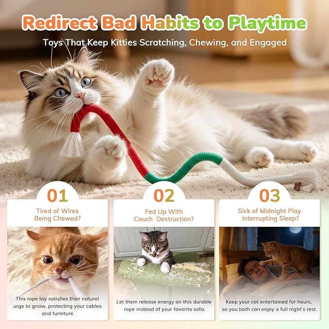 6Pcs Cat Chew Ropes, 23.6inch, Cat Toys for Indoor Cats with Natural Gall Fruit, Interactive Cat Rope Toys for Teeth Cleaning, Boredom Relief, Interactive Kitten Nip Toys and All Breeds