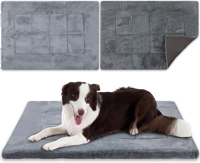 Dunzy 2 Pack Dog Bed Mat 35x23 Memory Foam Pet Crate Pad Orthopedic Dog Bed for Large Medium Breed Soft Comfy Faux Fur Linen Reversible Machine Washable Kennel Cozy Sleeping Mat Light Gray Dark Gray