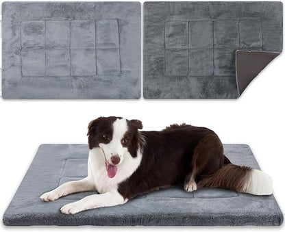 Dunzy 2 Pack Dog Bed Mat 35x23 Memory Foam Pet Crate Pad Orthopedic Dog Bed for Large Medium Breed Soft Comfy Faux Fur Linen Reversible Machine Washable Kennel Cozy Sleeping Mat Light Gray Dark Gray