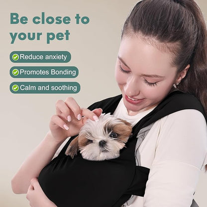 Supet Dog Sling Carrier for Small Pets, Hands Free Cat Sling, Reducing Back Neck Pain Anti-Anxiety Puppy Front, Adjustable Soft Dog Carrying (Black, Regular 7-15 Lbs)