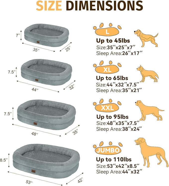 Orthopedic Dog Bed for Large Dogs, Waterproof Dog Bed for Large Size Dogs with Bolsters, Egg Crate Foam Sofa Bed with Washable Removable Cover & Non-Slip Bottom, Grey