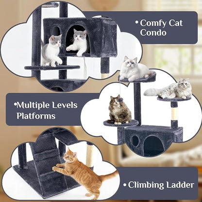 Sweetcrispy 80 Inch Cat Tree Tower, Multi-Level with Cat Scratching Post, Indoor Cat Condo with Climbing Ladder, Plush Toy, Play House for Cat, Dark Grey