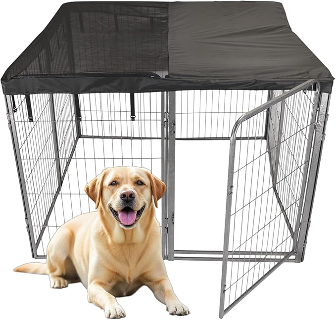 Dog Playpen w/Square Top Shade Cover - 40 inch, 8 Panel Portable Grey Metal Pet Play Pen for Medium & Large Dogs - Indoor/Outdoor Kennel Cage for Home, Yard, RV, or Camping