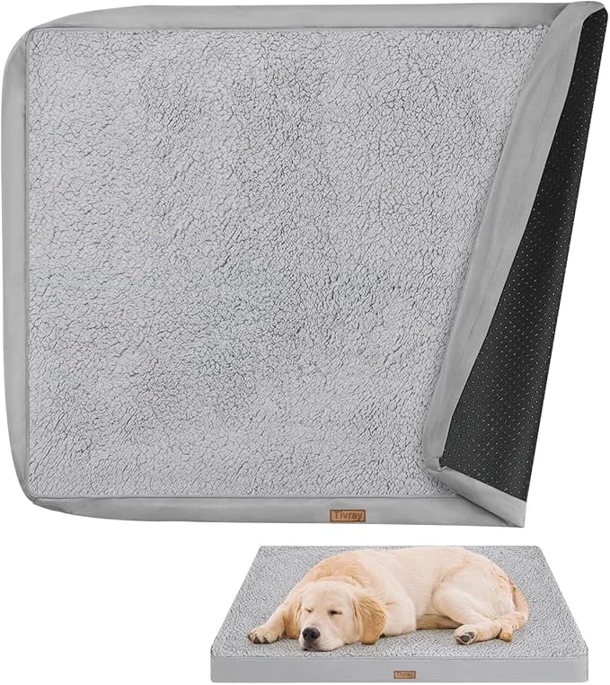 Dog Bed Cover, Washable Replacement Large Dog Bed Sheet with 3-Sided Continuous Zipper, Waterproof Liner, Soft Plush, Pet Mattress Fluffy Protector, 35x22x3 inches - S, Cover Only Grey