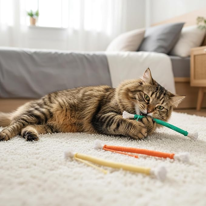 Cat Toys Chew Ropes, 6 PCS Kitten Teething Toys for Indoor Kittens Interactive Cats Cleaning Toy Refillable Catnip Cat Chew Ropes Toy for Indoor Cats Teeth Cleaning Self Playing