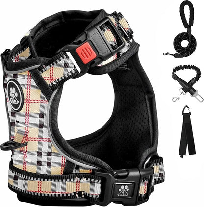 FURRYFECTION Plaid Dog Harness for Medium Dogs, Reflective No Pull Adjustable Pet Vest with Front Clip, Leash, Easy Control Handle and Seat Belt, Beige&White, M