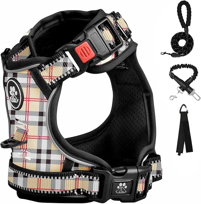 FURRYFECTION Plaid Dog Harness for Small Dogs, Reflective No Pull Adjustable Pet Vest with Front Clip, Leash, Easy Control Handle and Seat Belt, Beige&White, S