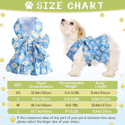 Sanwuta 4 Pack Harness Dog Dress Bowknot Leash Set Floral Princess Dog Harness Dress Vest with Leash Pet Doggy Outfits for Outdoor Walking, 4 Colors(X-Small)