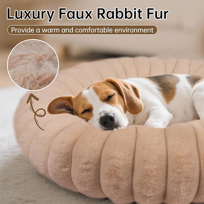 Donut Dog and Cat Bed, Luxurious Comfortable Faux Rabbit Fur Pet Beds, Soft Anti-Anxiety Calming Puppy Kitten Bed with Anti-Slip Bottom for Small Medium Dogs & Cats(20", Brown)