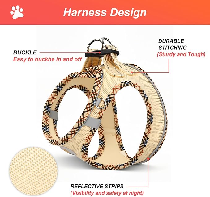 Hipubby Dog Harness Small Sized and Leash Set, No Pull Soft Mesh Puppy Vest, Reflective Breathable Lightweight Pet Harness, Harness for Small Medium Dogs and Cats - Khaki/Tirm, XS