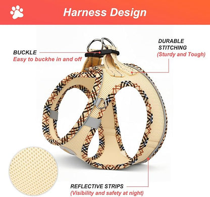 Hipubby Dog Harness Small Sized and Leash Set, No Pull Soft Mesh Puppy Vest, Reflective Breathable Lightweight Pet Harness, Harness for Small Medium Dogs and Cats - Khaki/Tirm, M