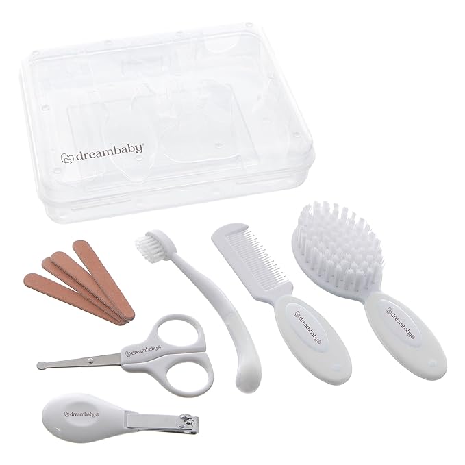 Dreambaby Essential 10pc Baby Grooming Kit, Newborn Safety Care Set with Brush, Comb, Toothbrush, Nail Clippers, Nail Scissors, Emory Boards and Storage Case