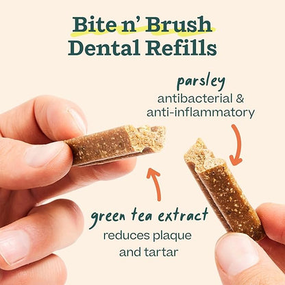 WOOF - Bite n' Brush Refills Treats for the Dog Toothbrush Toy - Scrub Plaque and Tartar from Your Dog's Teeth and Mouth - Dog Dental Sticks - Approximately 18 Refills - Beef