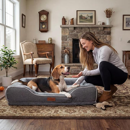 Orthopedic Dog Beds Large Sized Dog with Removable Faux Fur Washable Covers,Waterproof Pet Couch Bed with Cooling Gel Memory Foam and Bolster Side for Big Breed Pets,36" x 27" x 6.5" Dark Grey