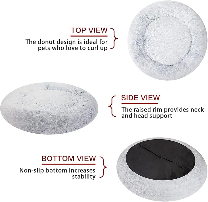 Bedfolks Calming Donut Dog Bed, 23 Inches Round Fluffy Dog Beds for Small Dogs, Machine Washable Anti-Anxiety Plush Puppy Bed（Light Blue, Small）