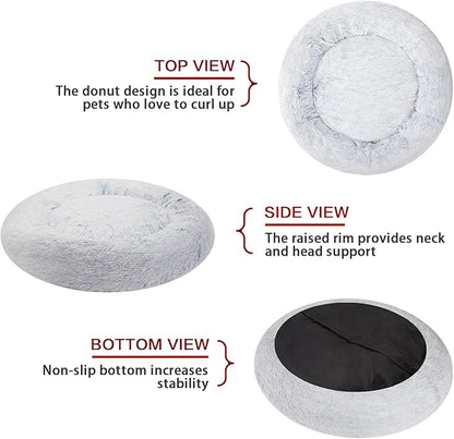 Bedfolks Calming Donut Dog Bed, 23 Inches Round Fluffy Dog Beds for Small Dogs, Machine Washable Anti-Anxiety Plush Puppy Bed（Light Blue, Small）