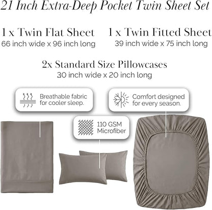 Southshore Fine Living, Inc. 21-Inch Deep Pocket Twin Sheet Set, 4-Piece Microfiber Sheets Twin Size Bed Set, Extra Deep Pocket Fitted Sheet, Dark Taupe Pillow Cases Standard Size, Dark Taupe Sheets