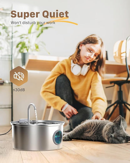 Pet Water Fountain Stainless Steel: 108oz/3.2L Cat Water Fountains for Cats Indoor - Metal Cat Fountain Bowl - Faucet Kitty Fountains with Led Light - Cats Pet Fountain for Drinking