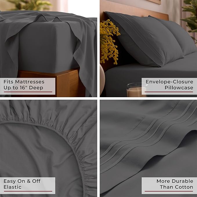 Mellanni Queen Sheets Set - 4 PC Iconic Collection Bedding - Hotel Luxury, Extra Soft, Cooling Bed Sheets - Wrinkle, Fade, Stain Resistant (Queen, Gray)