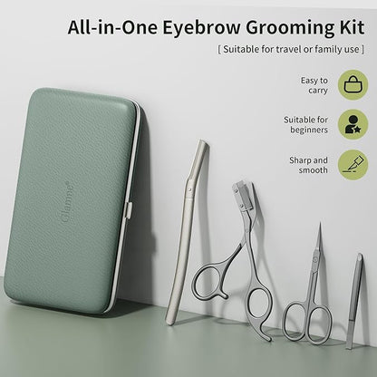 Glamne Eyebrow Trimmer Kit Scissors Tweezers Razor Facial Shaver Grooming Set with Mirror Travel Cases