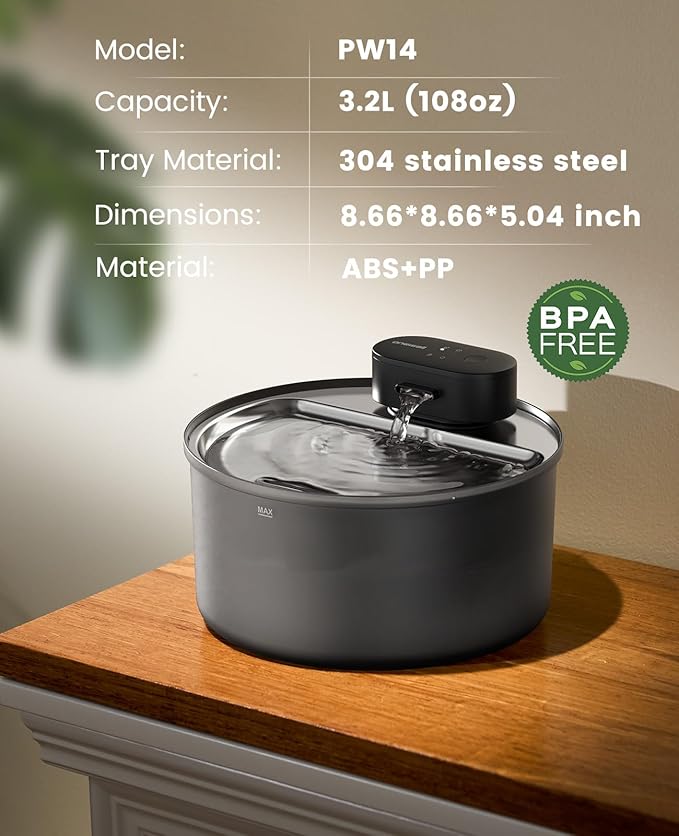 oneisall Cat Water Fountain Stainless Steel Tray: 108oz/3.2L Wireless Pet Fountain for Cats Indoor, Rechargeable Battery Operated Automatic Cordless Water Dispenser for Drinking, Ultra Quiet, BPA-Free