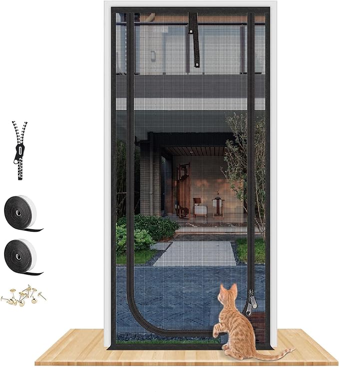 QWR Upgraded Pet Screen Door Fits Opening Door Up to 36"x84",Heavy Duty Cat Proof Mesh Screen Door with Zipper Closure,Prevent Cats Running Out from Home,Bedroom,Living Room,Kitchen(U-Type,Black)