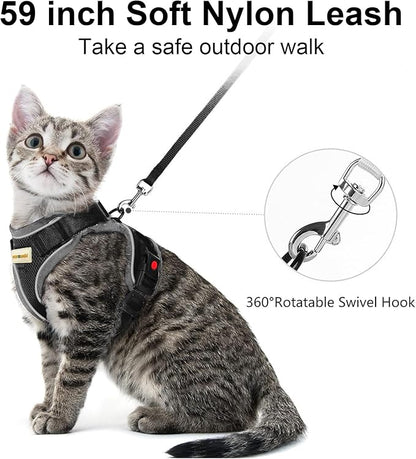 MingXpets Cat Harness and Leash for Walking, Retractable Cat Harnesses and Leash Set Escape Proof, Breathable Soft Kitten Small Large Harness for Travel Training and Walking, Black, M
