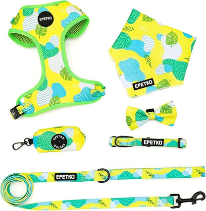 Small Dog Harness and Leash Set of 6, No Pull Soft Lightweight Mesh Puppy Harness， Adjustable Cute Floral Pattern Pet Harness for Small Medium Dogs (Green Leaf, L)