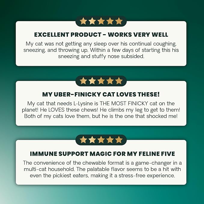 VetriScience Lysine Immunity Health Chews, 250 mg Lysine Plus Immune Supplement for Cats and Kittens with Allergies, Sneezing, Runny Nose and Watery Eyes, Chicken, 120 Count