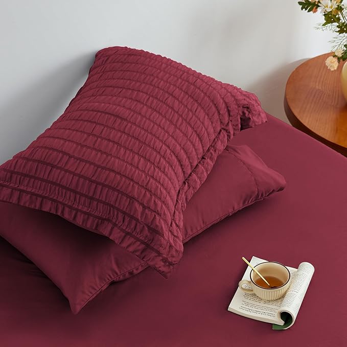Love's cabin Seersucker Burgundy California King Comforter Set, 7-Piece All Season Lightweight Bed in a Bag Bedding Set with Comforter, Flat Sheet, Fitted Sheet, Pillowcases and Shams | Soft, Breathable, Lightweight