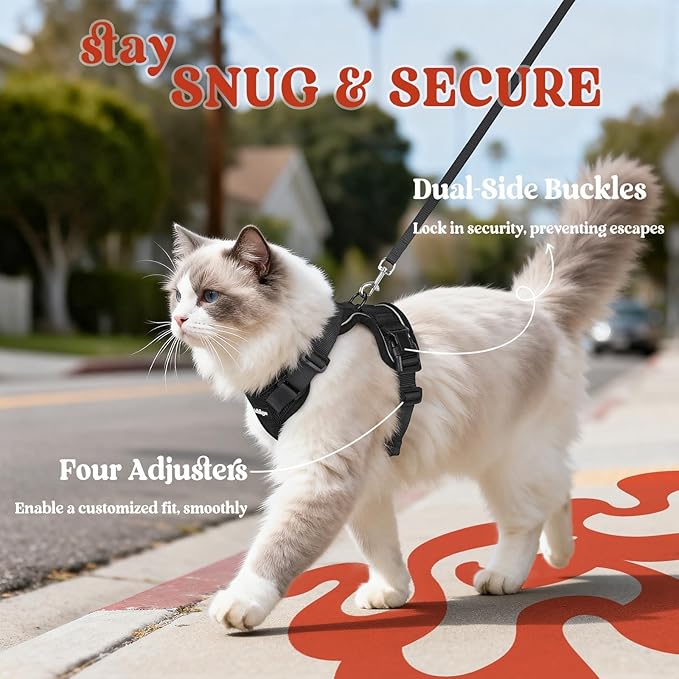 rabbitgoo Cat Harness and Leash for Walking, Escape Proof Soft Adjustable Vest Harnesses for Cats, Easy Control Breathable Reflective Strips Jacket, Black, S