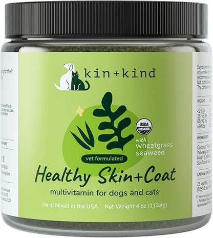 kin+kind Skin and Coat Supplement for Dogs & Cats – Natural Vitamin Supplements with Organic Ingredients for Shiny Fur, Moisturized Skin & Overall Pet Wellness – Dog Essentials & Cat Essentials – 4oz