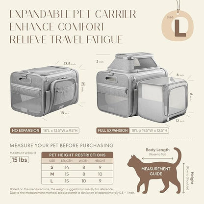 Top and Side Expandable Pet Carrier with Treat & Pet Window,18x13x9.5 Inch Southwest Frontier Airline Approved,Soft-Sided Dog Carrier for Small Dogs and Cats,Travel Cat Carrier with Locking Zippers