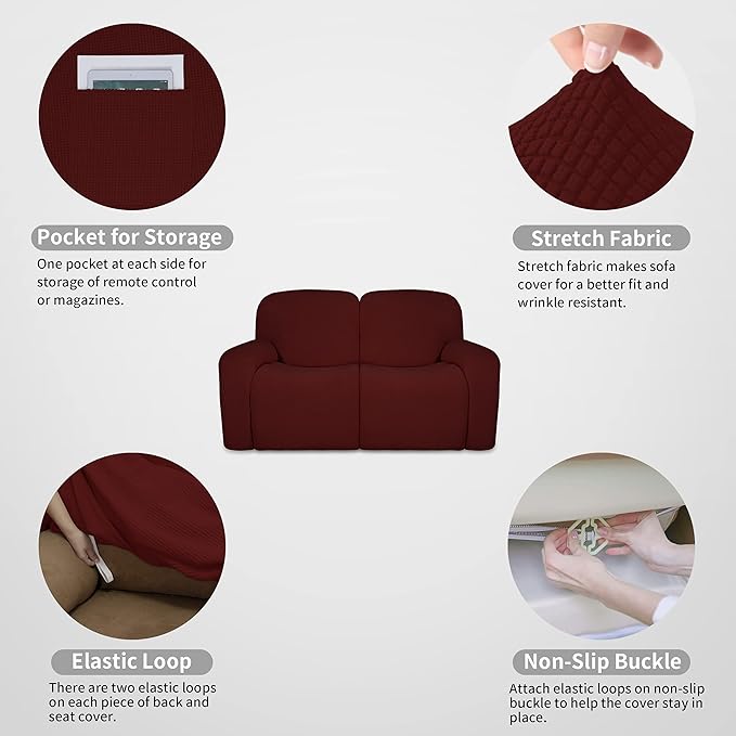 Easy-Going 100% Dual Waterproof Recliner Loveseat Cover, 6-Pieces Stretch Relining Sofa Cover with Pocket, Jacquard 2 Seat Sofa Slipcover Leakproof Washable (Loveseat, Wine)