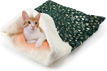 Self Heating Cat Sleeping Bag Self Warming Cat Bed Cave Forest Green Heated Pad Cozy Soft Winter Washable Wrap Pet Sleeping Pouch Snuggle Sack for Puppy Dog Kitten, 24 x 21 Inch