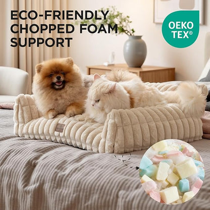 Joydeco Cat Couch for Pets, 24 inch Plush Pet Sofa, Cat Bed for Indoor Cats with Removable Washable Cover, Supportive Pet Sofa, Cream