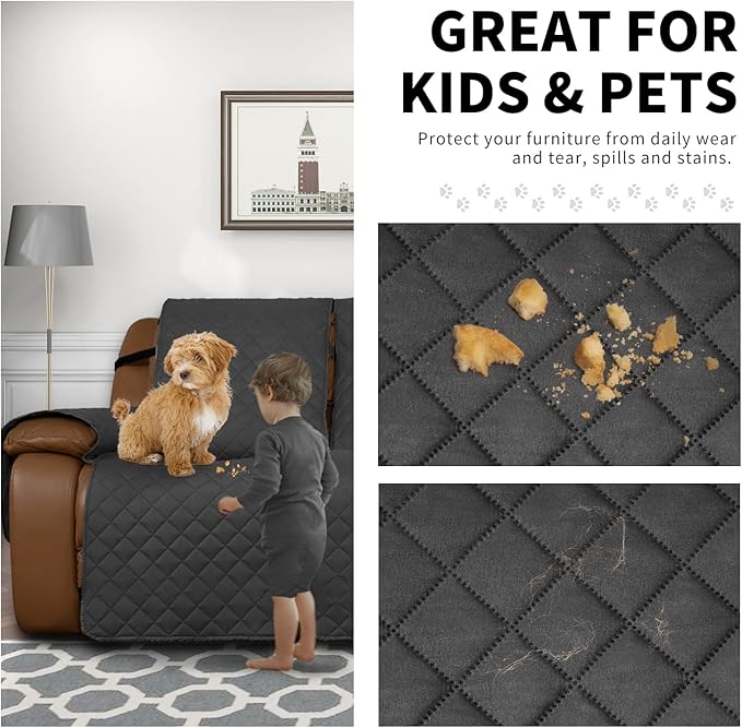 Easy-Going Oversized Recliner Sofa Cover, Reversible Couch Cover for 3 Seat Recliner, Split Sofa Cover for Each Seat with Elastic Straps for Kids, Dogs, Pets (3 Seater, Dark Gray/Dark Gray)