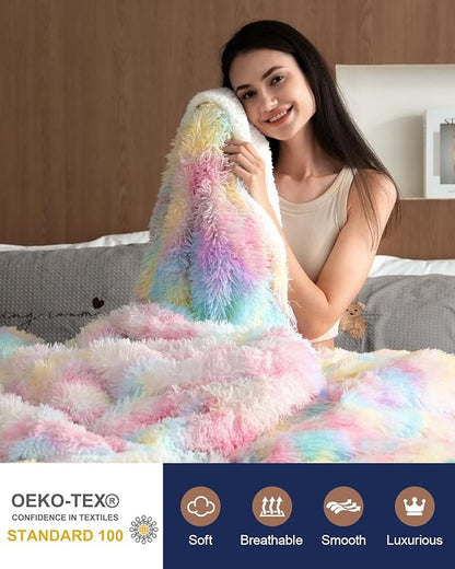 Pawque Faux Fur Sherpa Fleece Blanket Twin Size Rainbow - Fluffy Warm Plush Blankets for Bed, Cozy Thick Lightweight Reversible Decor for Winter Sofa Couch, 60x80 inches