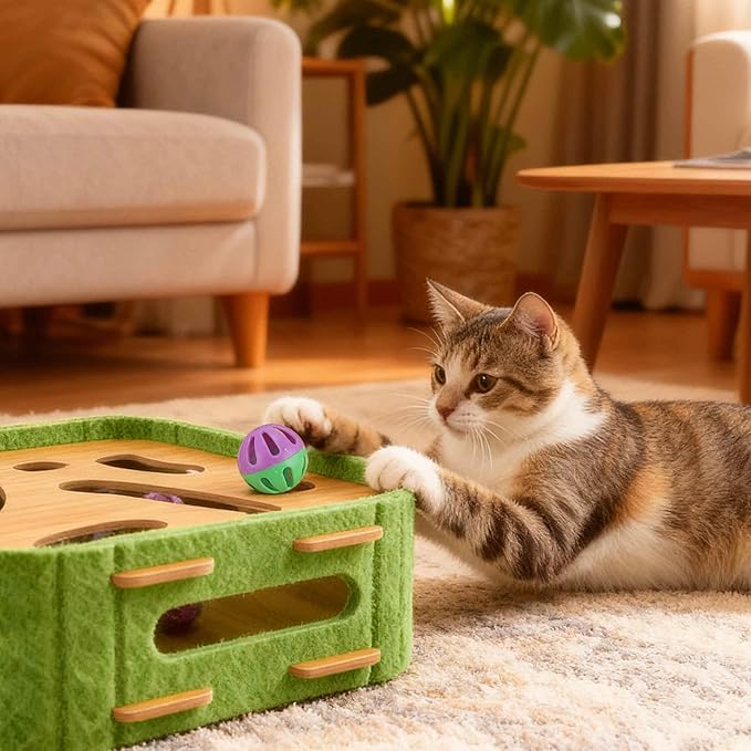 Interactive Cat Toy Puzzle Toys for Indoor, Felt Maze Box, Cat Toys, Mental Stimulation and Entertainment, Square, Green, 1 Set